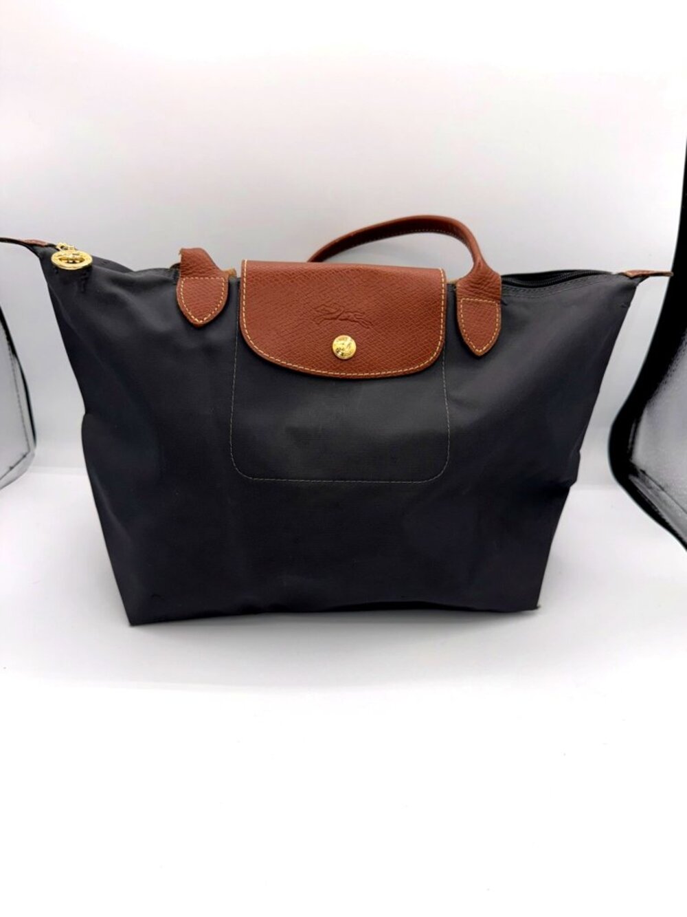 Longchamp Le Pliage Medium Tote Black Nylon Brown Leather Purse